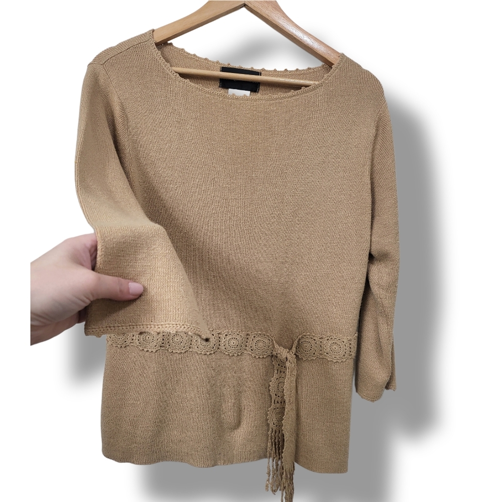 🌿Sag Harbor Women's Medium Tan Knit Crochet Tie Waist Sweater - Picture 7 of 11
